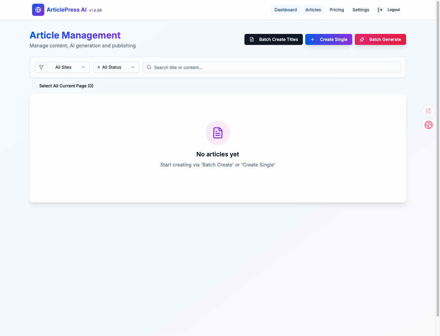 ArticlePress AI article workspace inside WordPress.