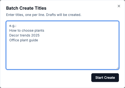 ArticlePress AI batch title creation dialog inside WordPress.