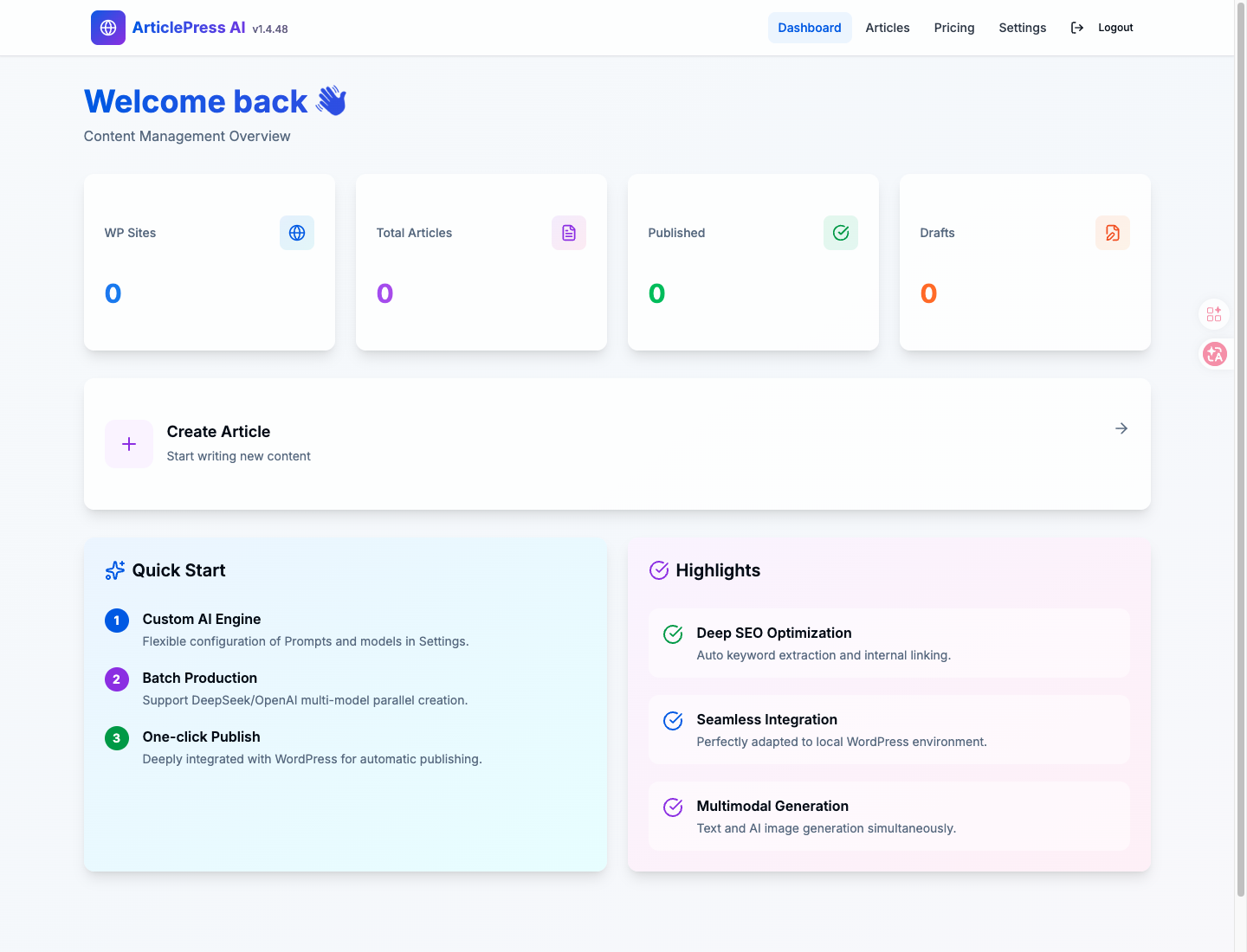 ArticlePress AI dashboard inside WordPress with credits, tasks, and quick workflow entry points.